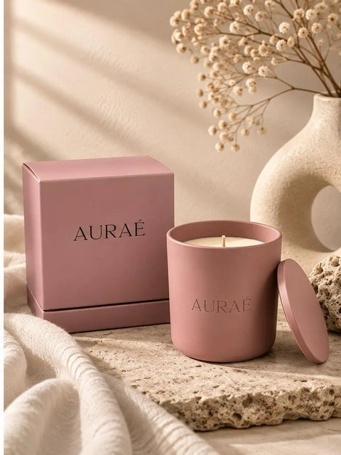 Auraé Rose Velvet candle in a blush pink ceramic pot beside its pink gift box