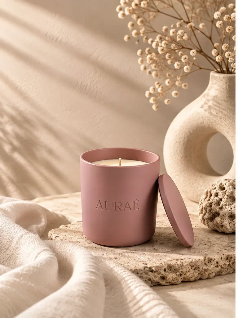 Auraé Rose Velvet blush pink ceramic candle with lid, on travertine stone