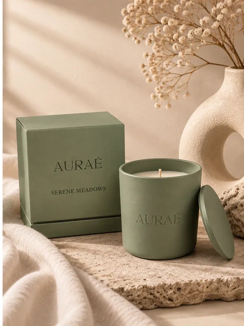 Auraé Serene Meadows candle in a sage green ceramic pot beside its green gift box