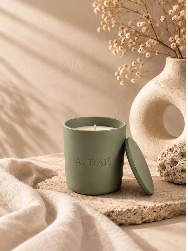 Auraé Serene Meadows sage green ceramic candle with lid, on travertine stone