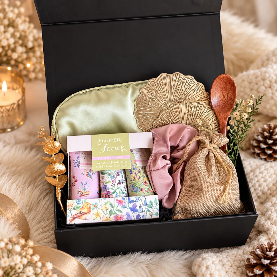 Satin Night In gift basket with silk eye mask and scrunchies